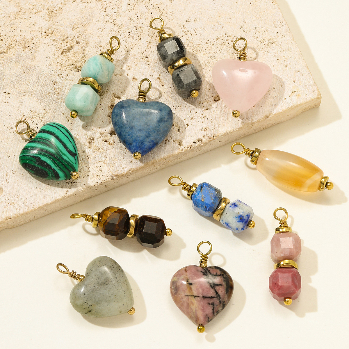 6pcs/pack Retro Stainless Steel Natural Stone Necklace Pendants Powder Crystal Heart Earring DIY Charms Making Women Jewelry