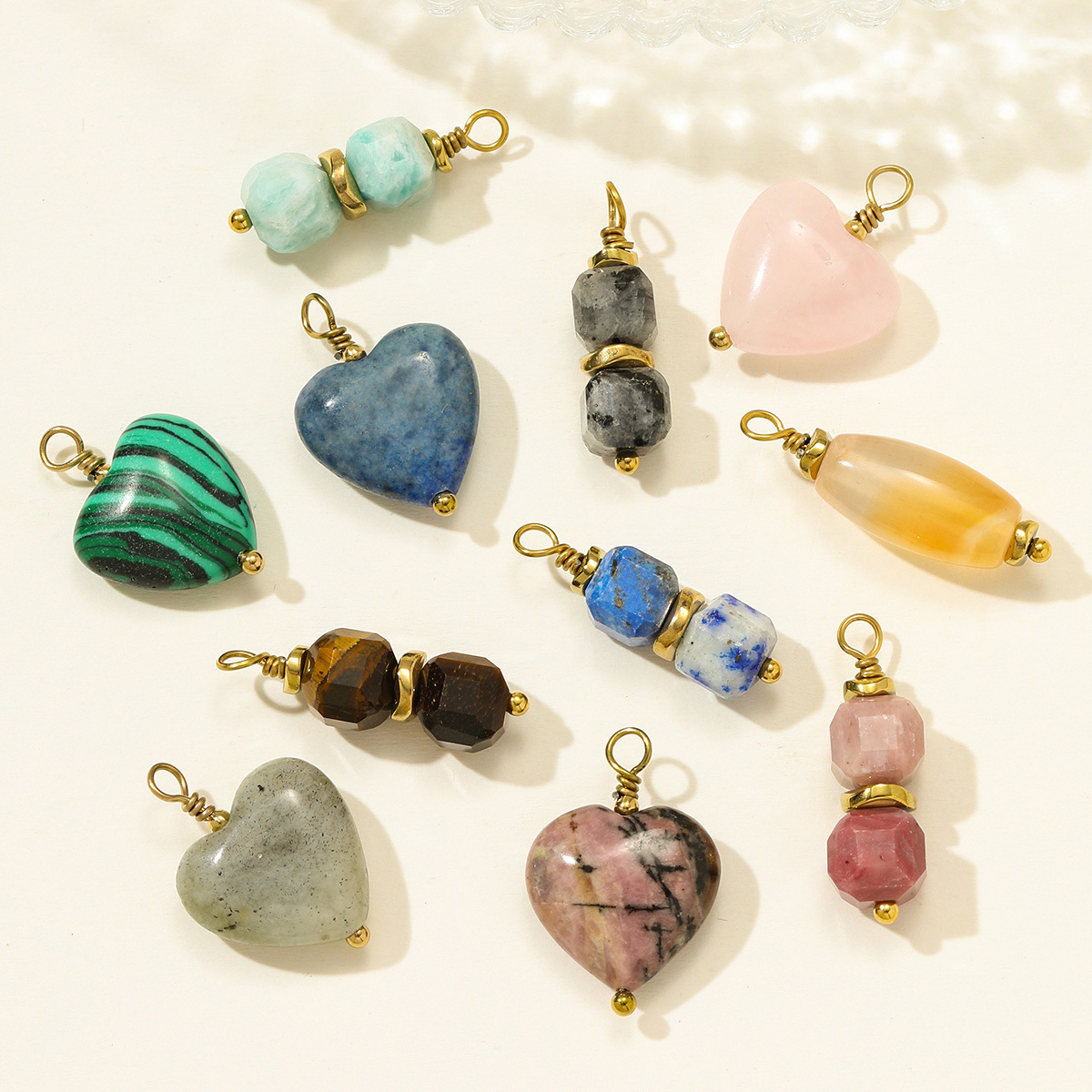 6pcs/pack Retro Stainless Steel Natural Stone Necklace Pendants Powder Crystal Heart Earring DIY Charms Making Women Jewelry