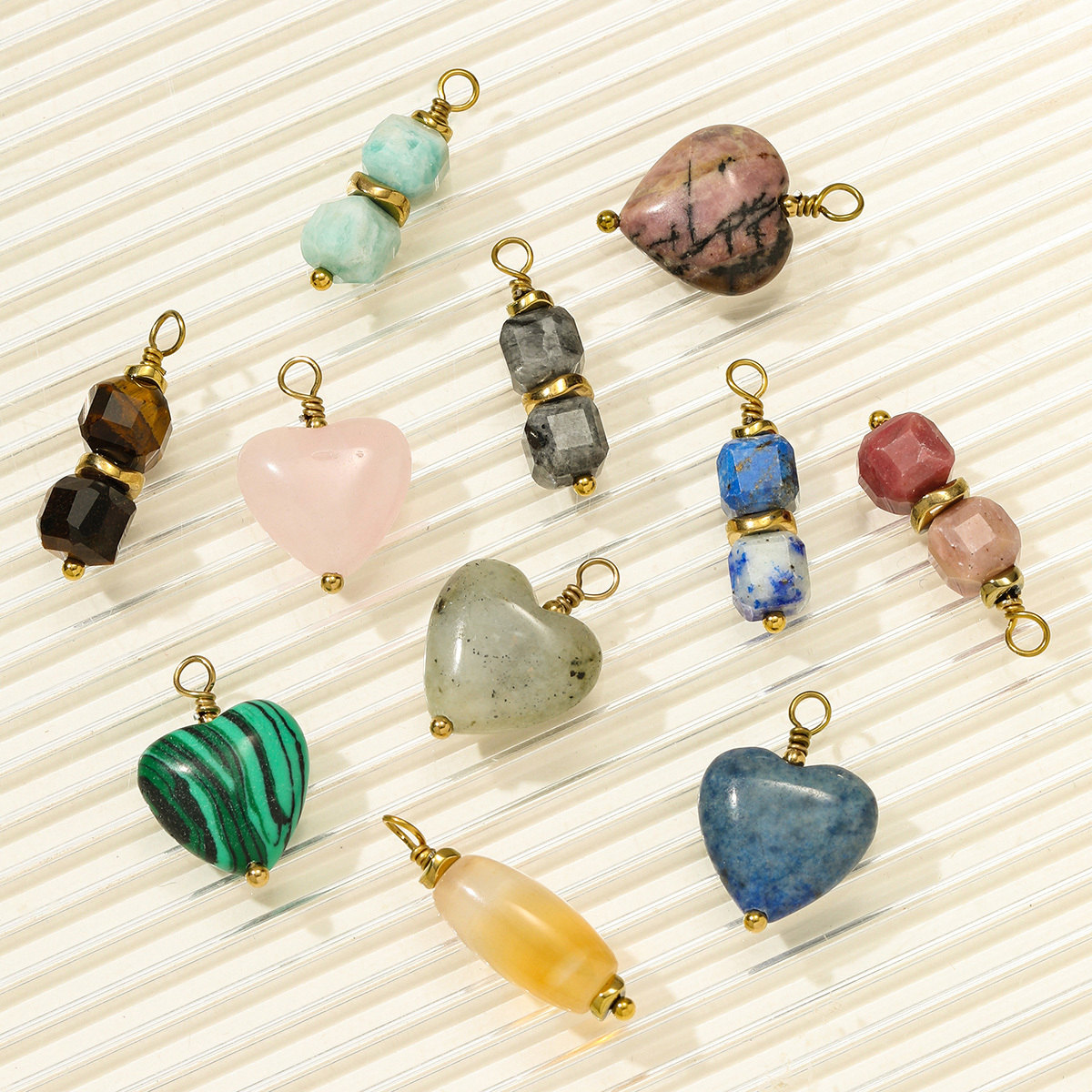 6pcs/pack Retro Stainless Steel Natural Stone Necklace Pendants Powder Crystal Heart Earring DIY Charms Making Women Jewelry
