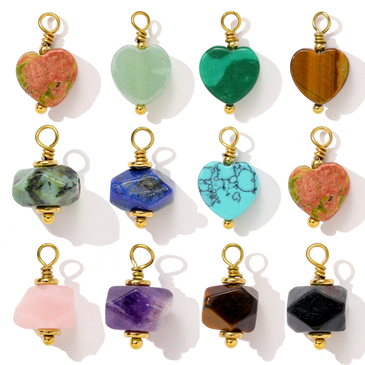 6pcs/pack Stainless Steel Natural Stone Amethyst Heart Necklace Pendant Irregular Turquoise Earring DIY Charm Making Women Jewelry