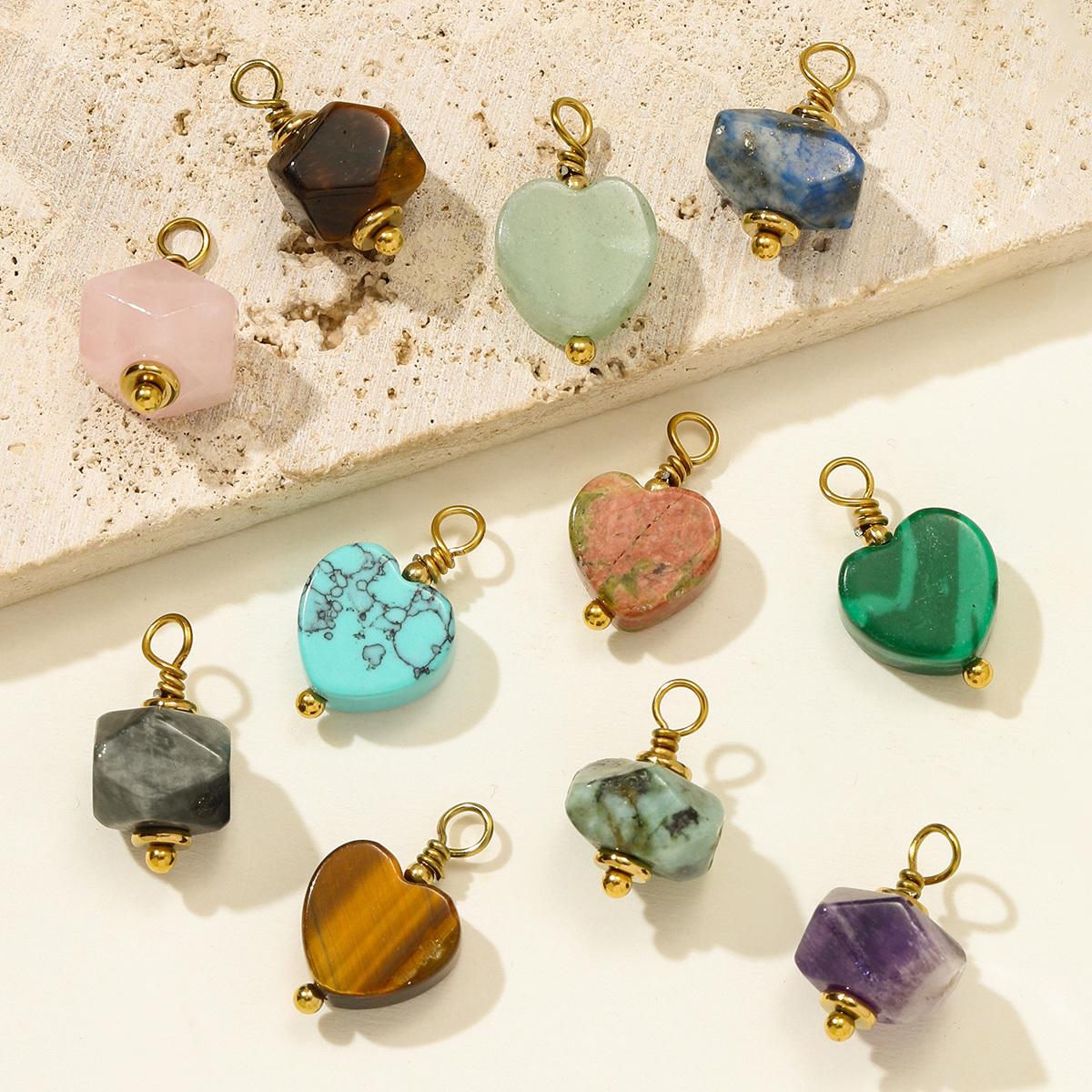 6pcs/pack Stainless Steel Natural Stone Amethyst Heart Necklace Pendant Irregular Turquoise Earring DIY Charm Making Women Jewelry