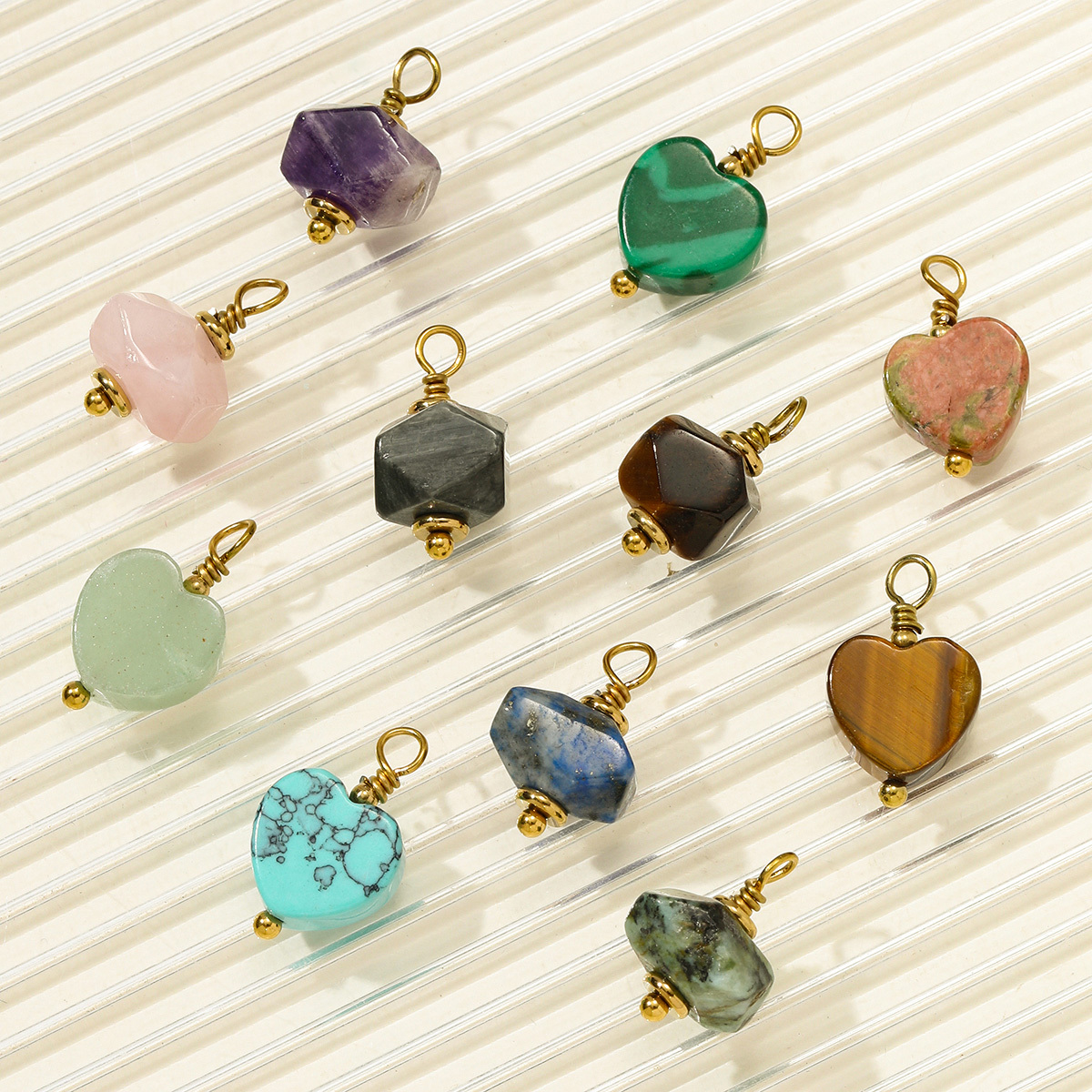 6pcs/pack Stainless Steel Natural Stone Amethyst Heart Necklace Pendant Irregular Turquoise Earring DIY Charm Making Women Jewelry