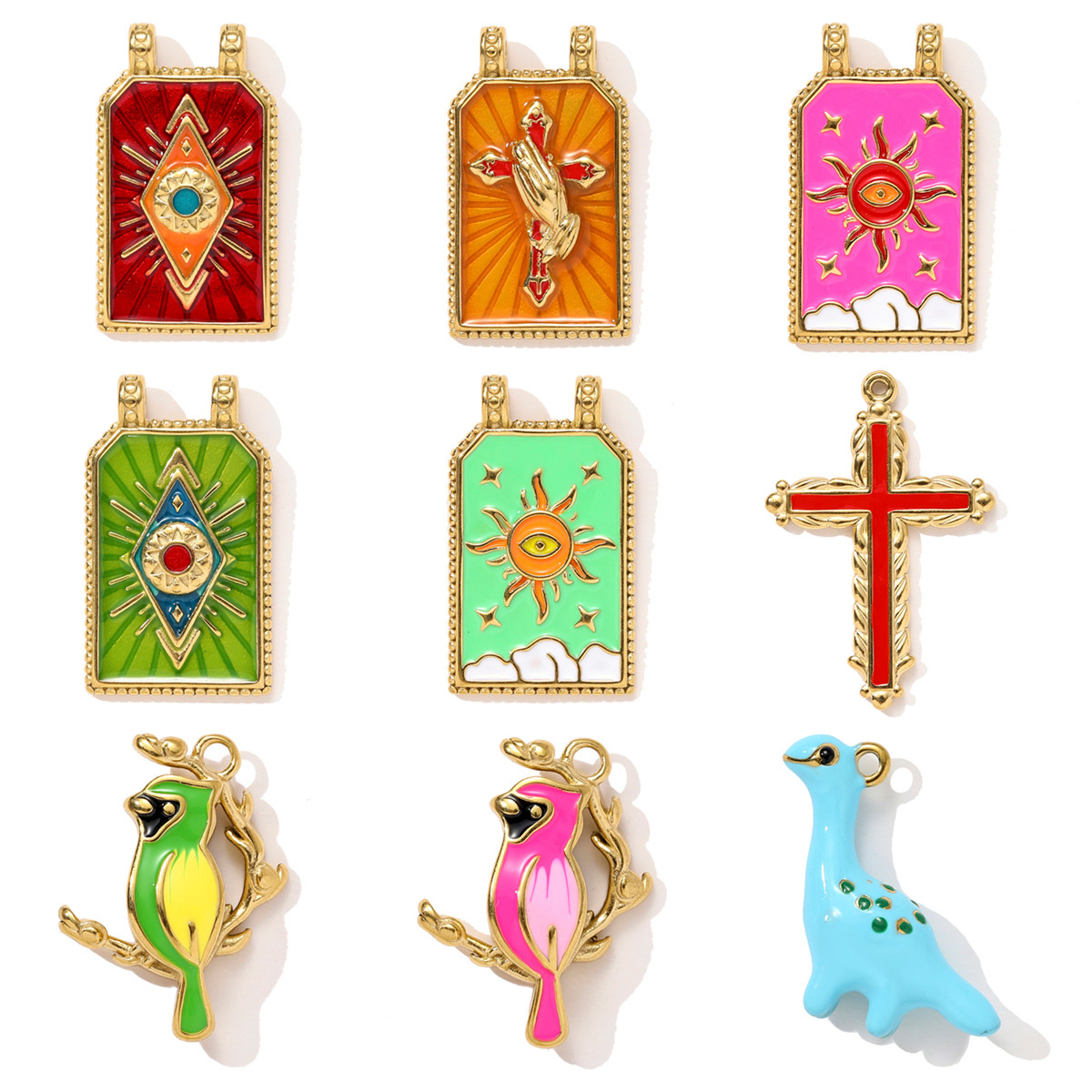 6pcs/pack Fashion Stainless Steel Tarot Card Evil Eye Sun Necklace Pendant Enamel Cross Parrot DIY Charm Women Dnosaur Jewelry