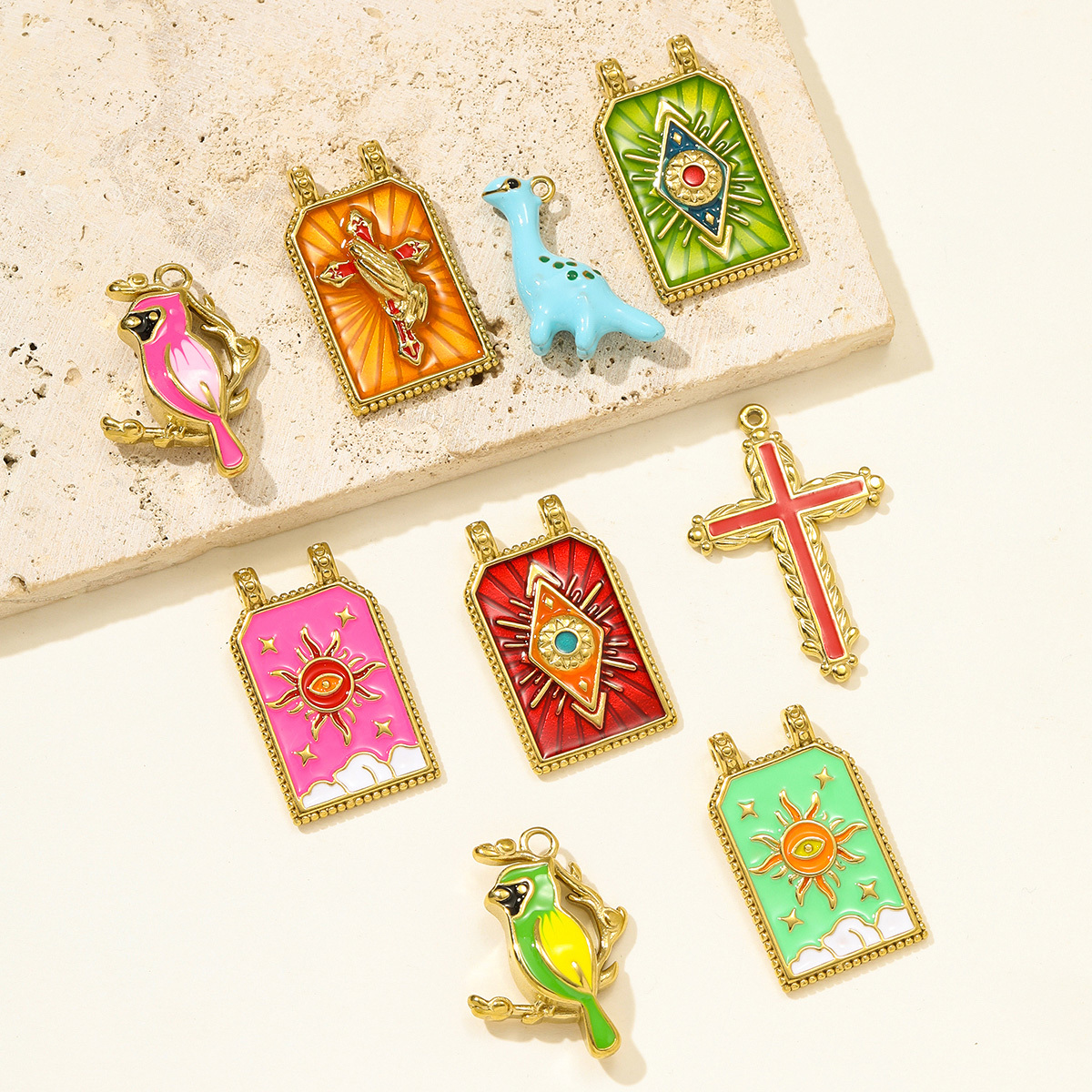 6pcs/pack Fashion Stainless Steel Tarot Card Evil Eye Sun Necklace Pendant Enamel Cross Parrot DIY Charm Women Dnosaur Jewelry