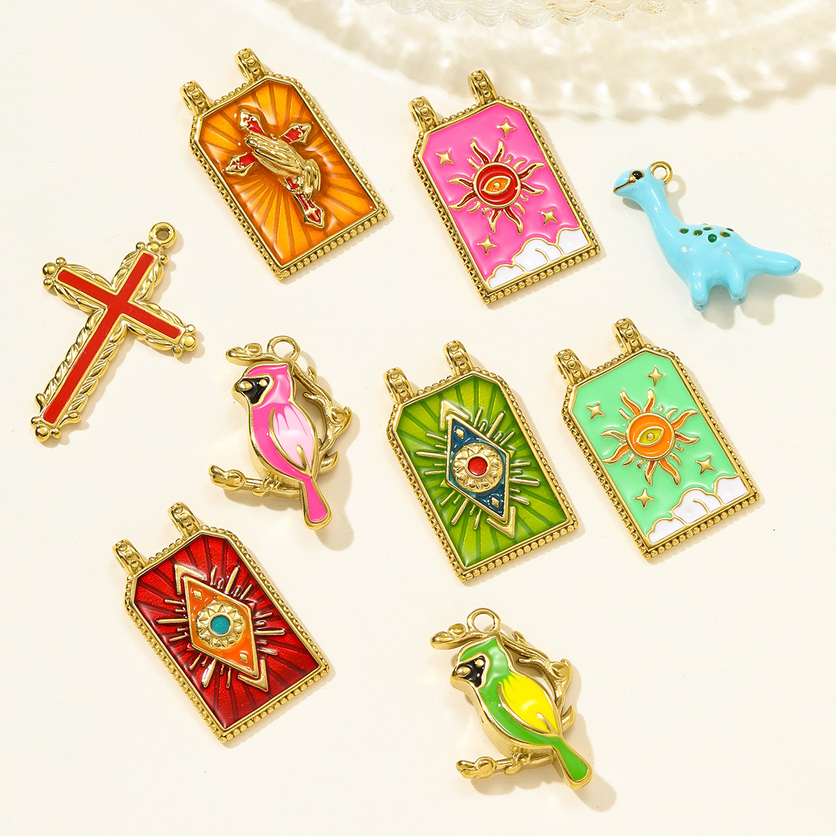 6pcs/pack Fashion Stainless Steel Tarot Card Evil Eye Sun Necklace Pendant Enamel Cross Parrot DIY Charm Women Dnosaur Jewelry