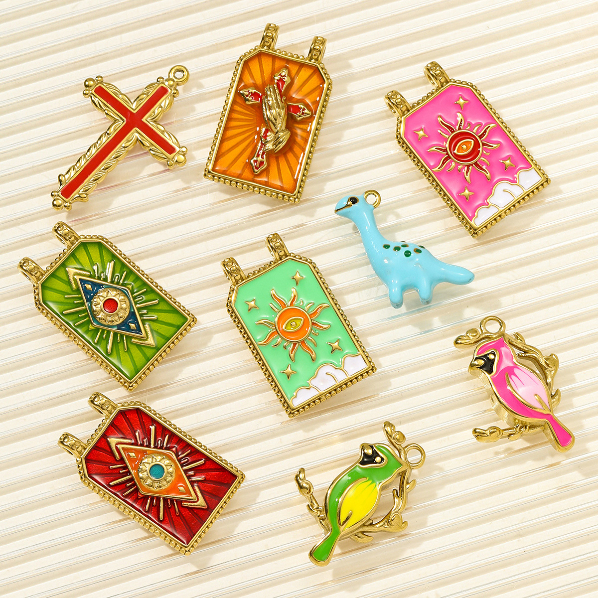 6pcs/pack Fashion Stainless Steel Tarot Card Evil Eye Sun Necklace Pendant Enamel Cross Parrot DIY Charm Women Dnosaur Jewelry