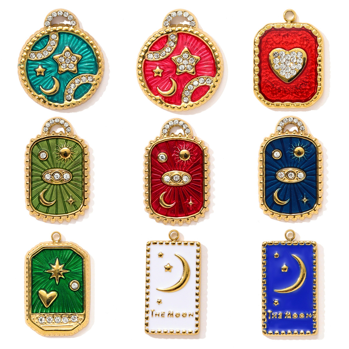 6pcs/pack Stainless Steel Enamel Crescent Moon Star Necklace Pendant Rhinestone Evil Eye DIY Charm Women Love Heart Jewelry
