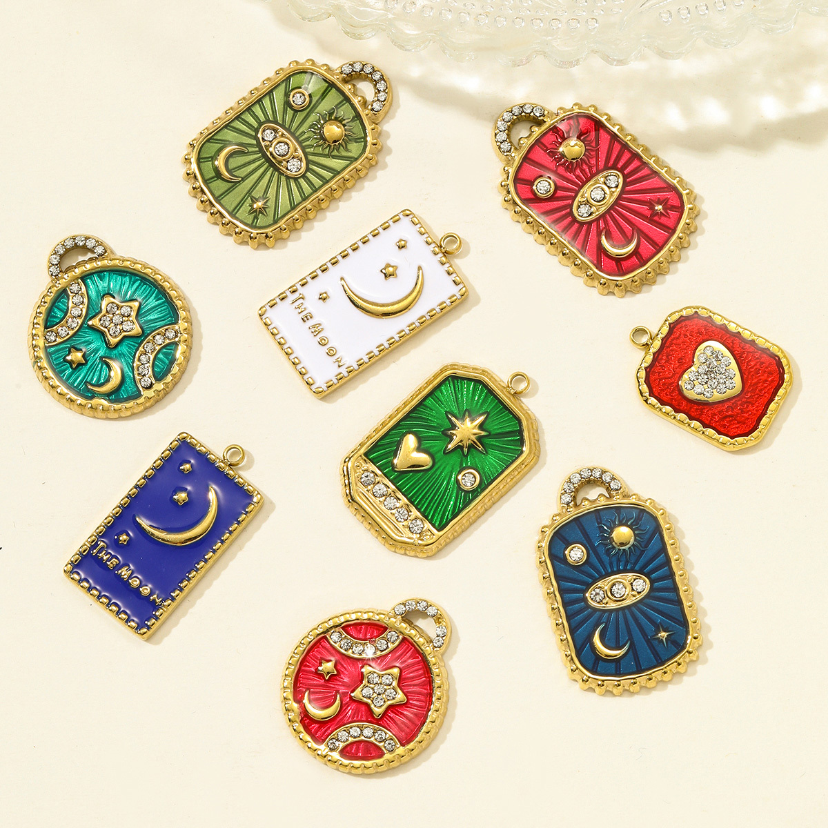 6pcs/pack Stainless Steel Enamel Crescent Moon Star Necklace Pendant Rhinestone Evil Eye DIY Charm Women Love Heart Jewelry