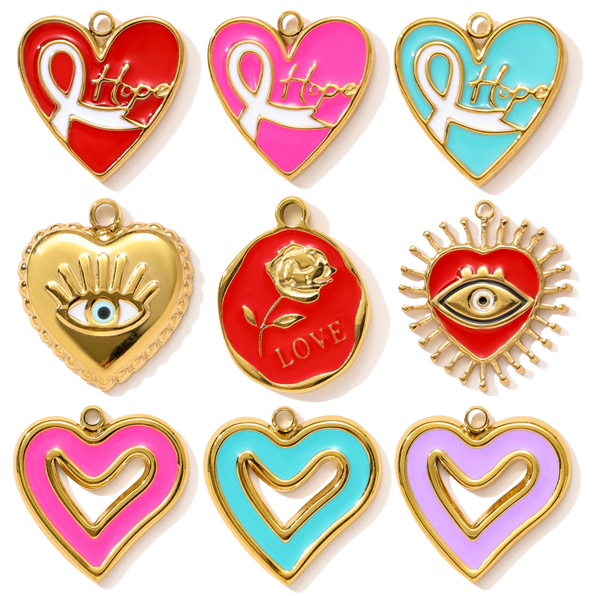 6pcs/pack Stainless Steel Enamel Hope Ribbon Heart Necklace Pendant Evil Eye Love DIY Charm Women Rose Envelope Jewelry