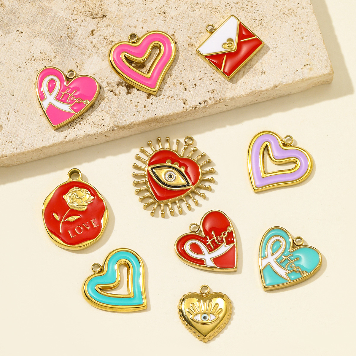 6pcs/pack Stainless Steel Enamel Hope Ribbon Heart Necklace Pendant Evil Eye Love DIY Charm Women Rose Envelope Jewelry