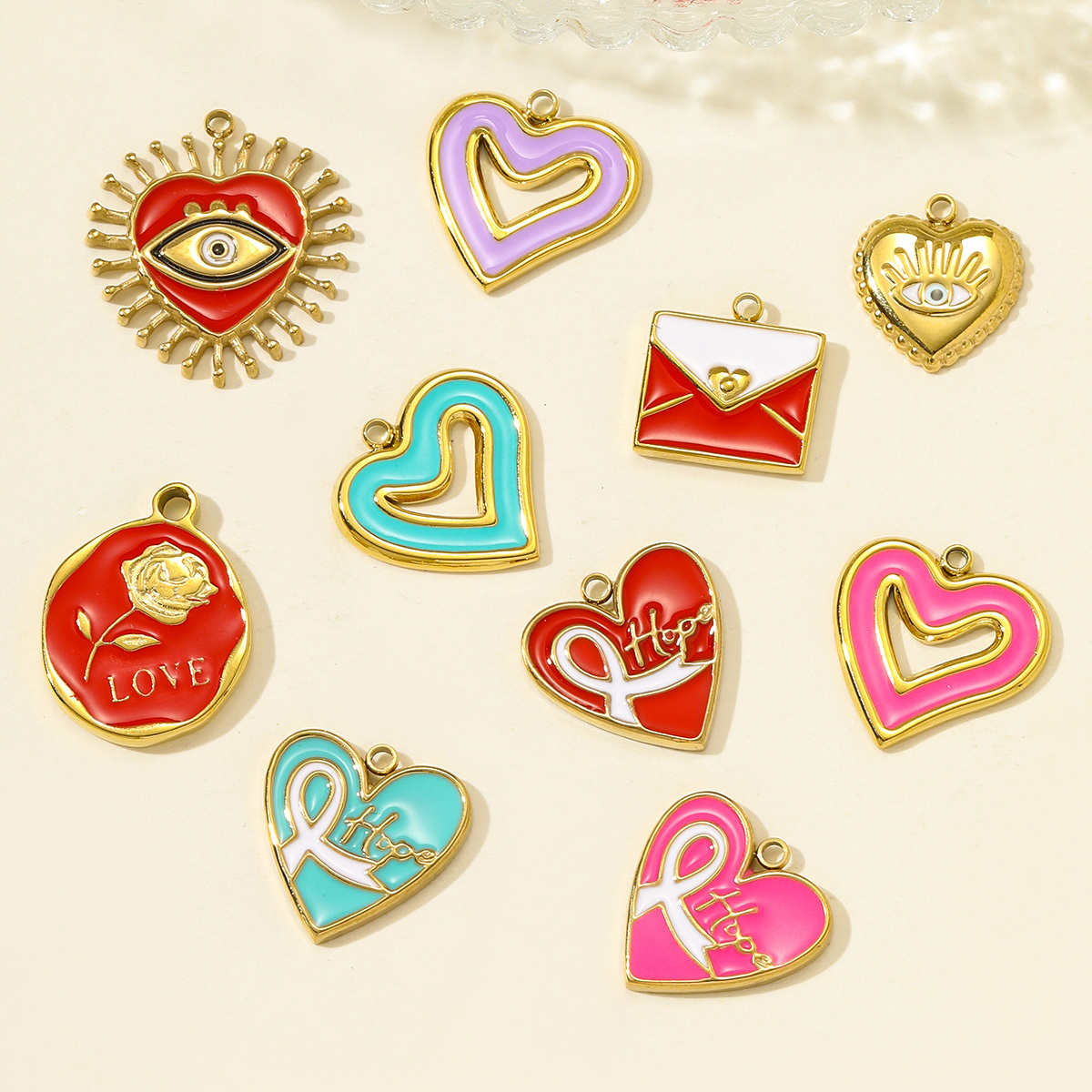 6pcs/pack Stainless Steel Enamel Hope Ribbon Heart Necklace Pendant Evil Eye Love DIY Charm Women Rose Envelope Jewelry
