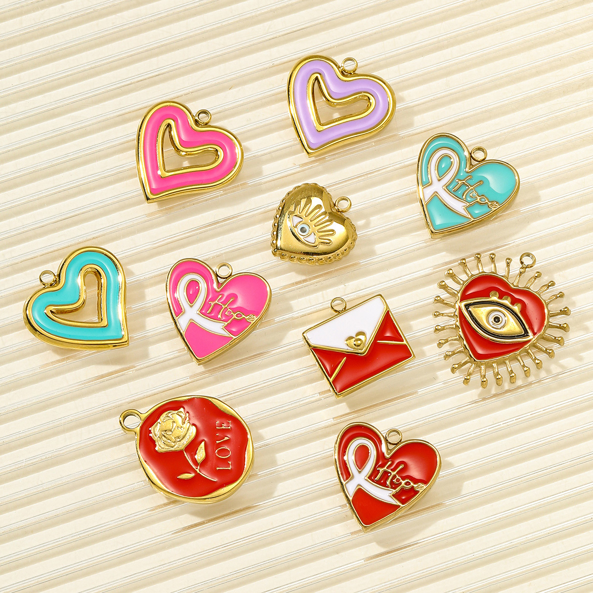 6pcs/pack Stainless Steel Enamel Hope Ribbon Heart Necklace Pendant Evil Eye Love DIY Charm Women Rose Envelope Jewelry
