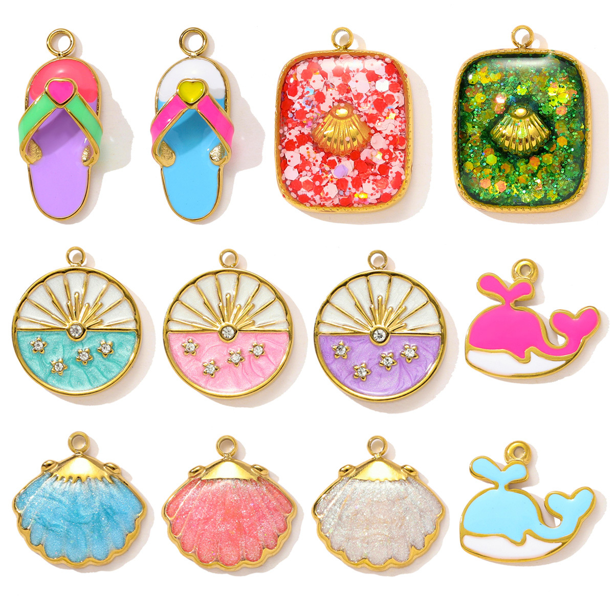 6pcs/pack Stainless Steel Enamel Shell Whale Necklace Pendant Flip Flops DIY Earring Charm Women Summer Vacation Jewelry