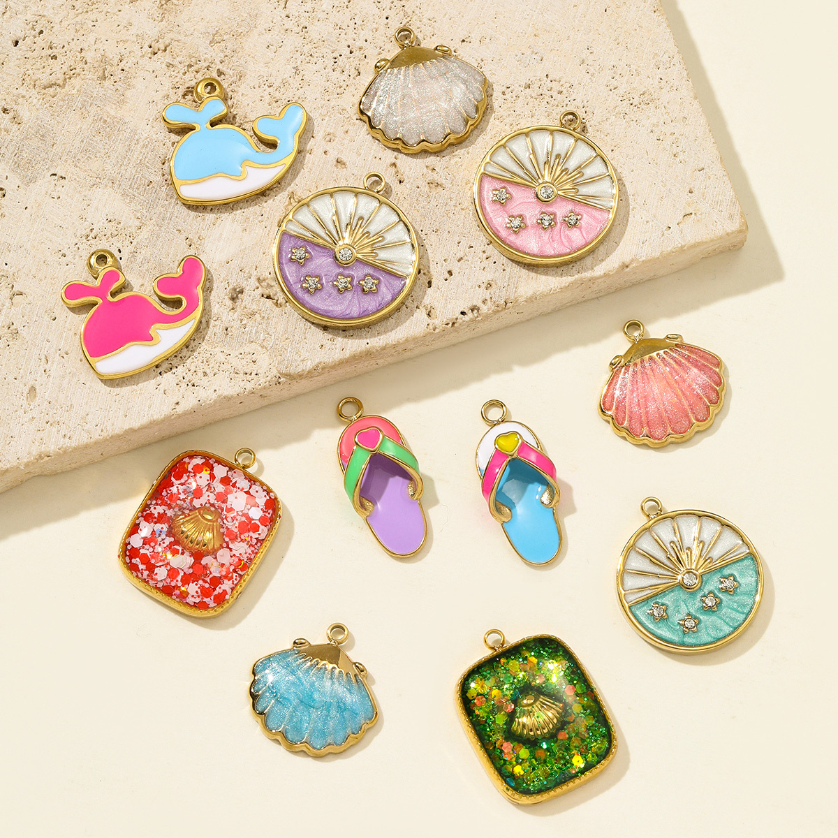 6pcs/pack Stainless Steel Enamel Shell Whale Necklace Pendant Flip Flops DIY Earring Charm Women Summer Vacation Jewelry