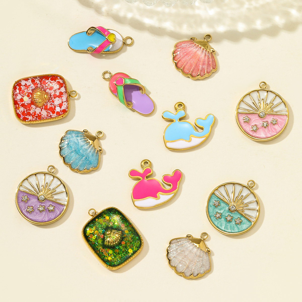 6pcs/pack Stainless Steel Enamel Shell Whale Necklace Pendant Flip Flops DIY Earring Charm Women Summer Vacation Jewelry