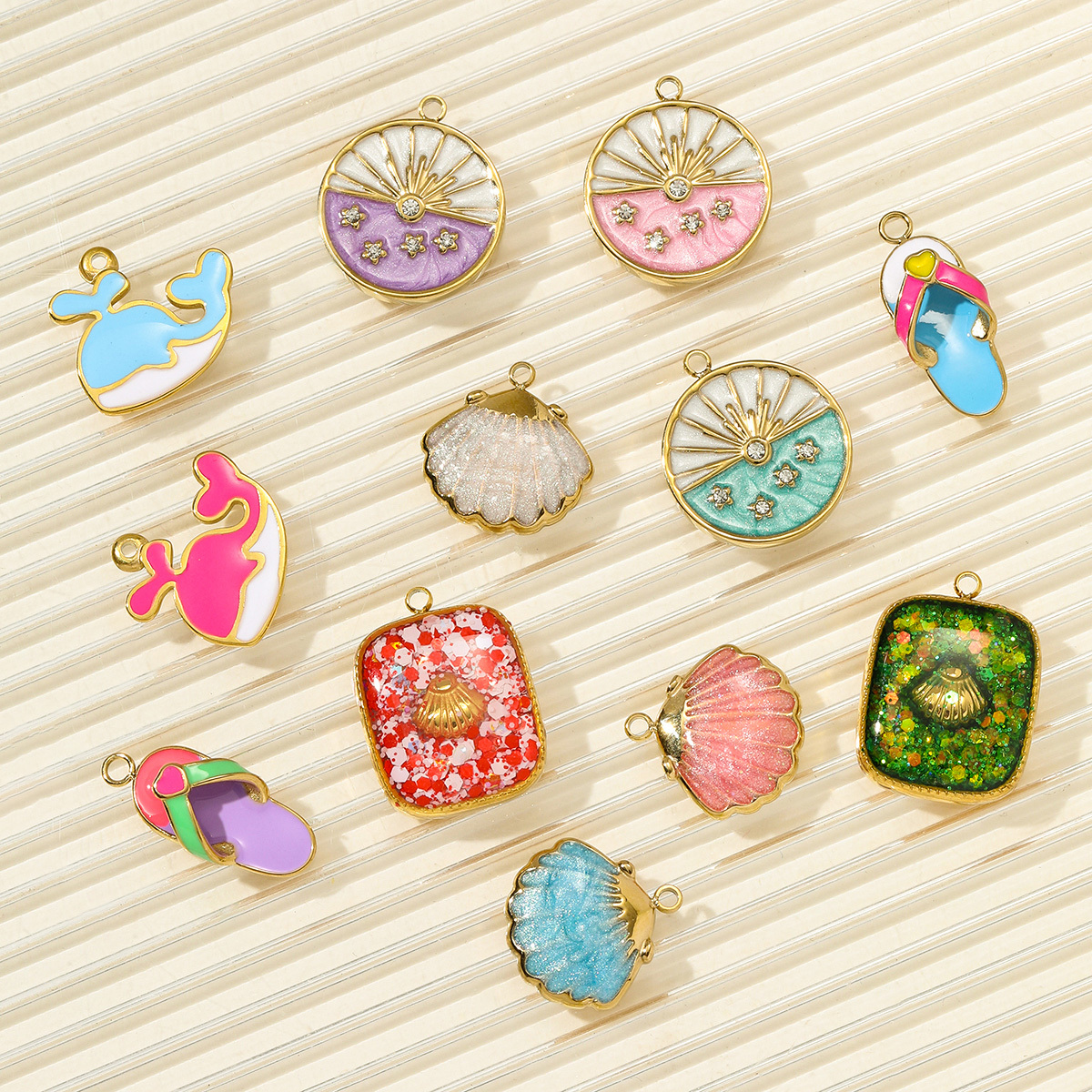 6pcs/pack Stainless Steel Enamel Shell Whale Necklace Pendant Flip Flops DIY Earring Charm Women Summer Vacation Jewelry