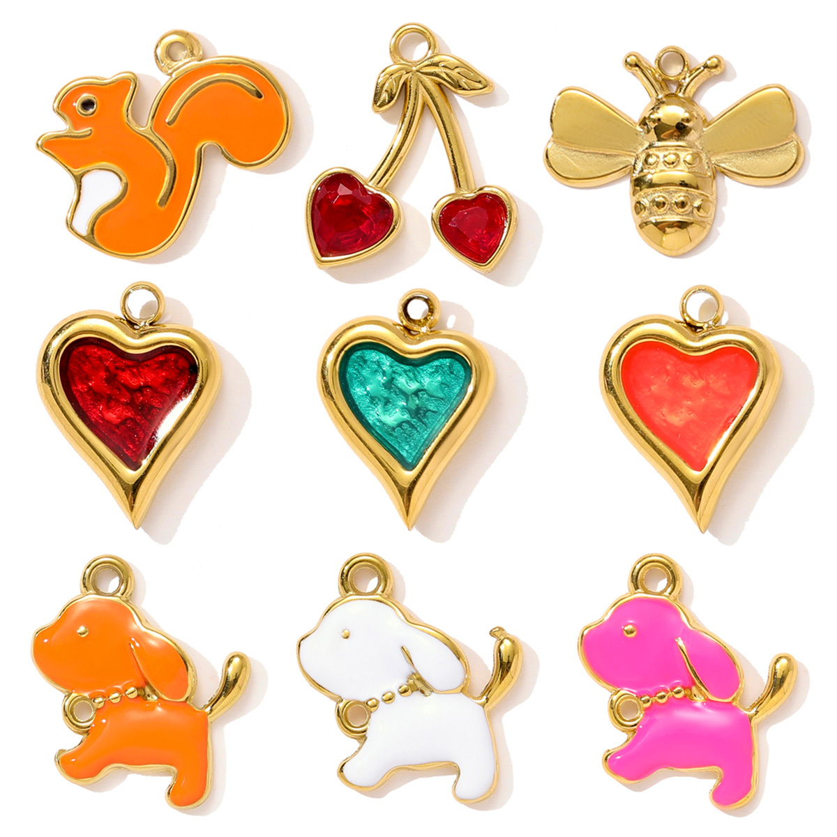 6pcs/pack Cute Stainless Steel Enamel Little Dog Squirrel Necklace Pendant Love Heart DIY Bracelet Charm Women Bee Cherry Jewelry