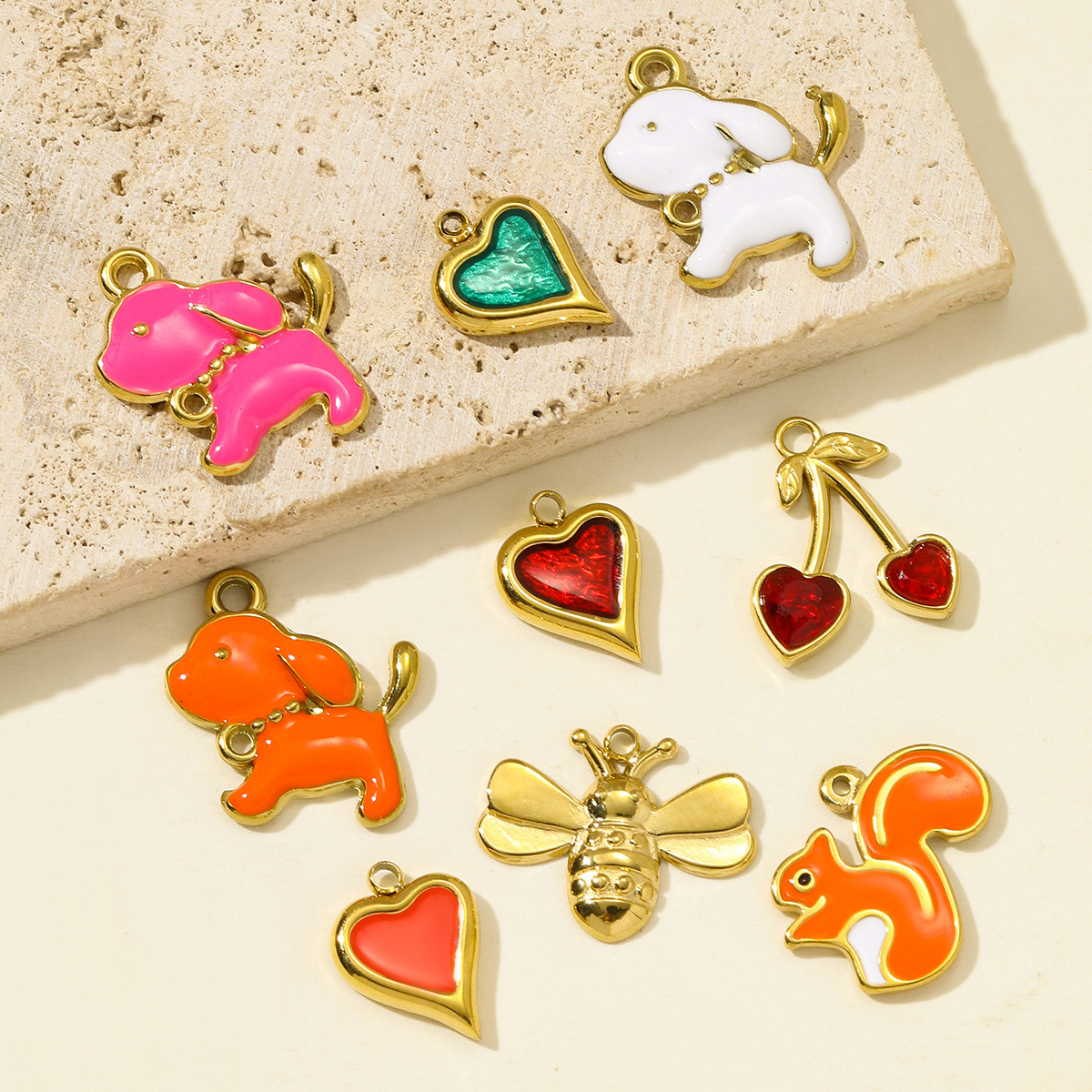 6pcs/pack Cute Stainless Steel Enamel Little Dog Squirrel Necklace Pendant Love Heart DIY Bracelet Charm Women Bee Cherry Jewelry
