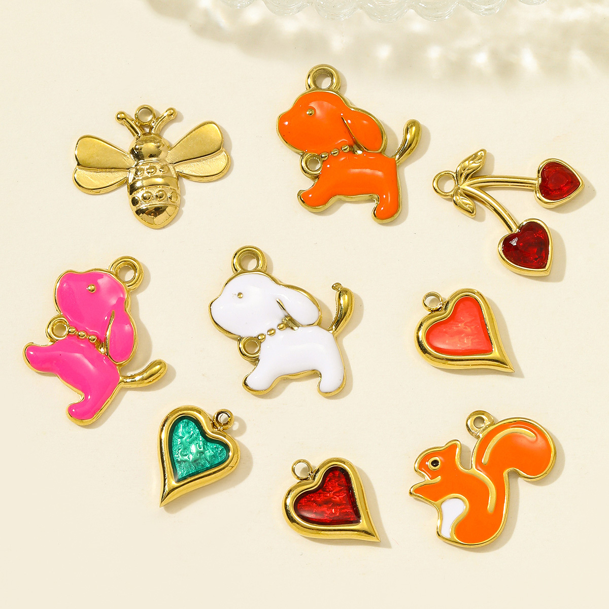 6pcs/pack Cute Stainless Steel Enamel Little Dog Squirrel Necklace Pendant Love Heart DIY Bracelet Charm Women Bee Cherry Jewelry