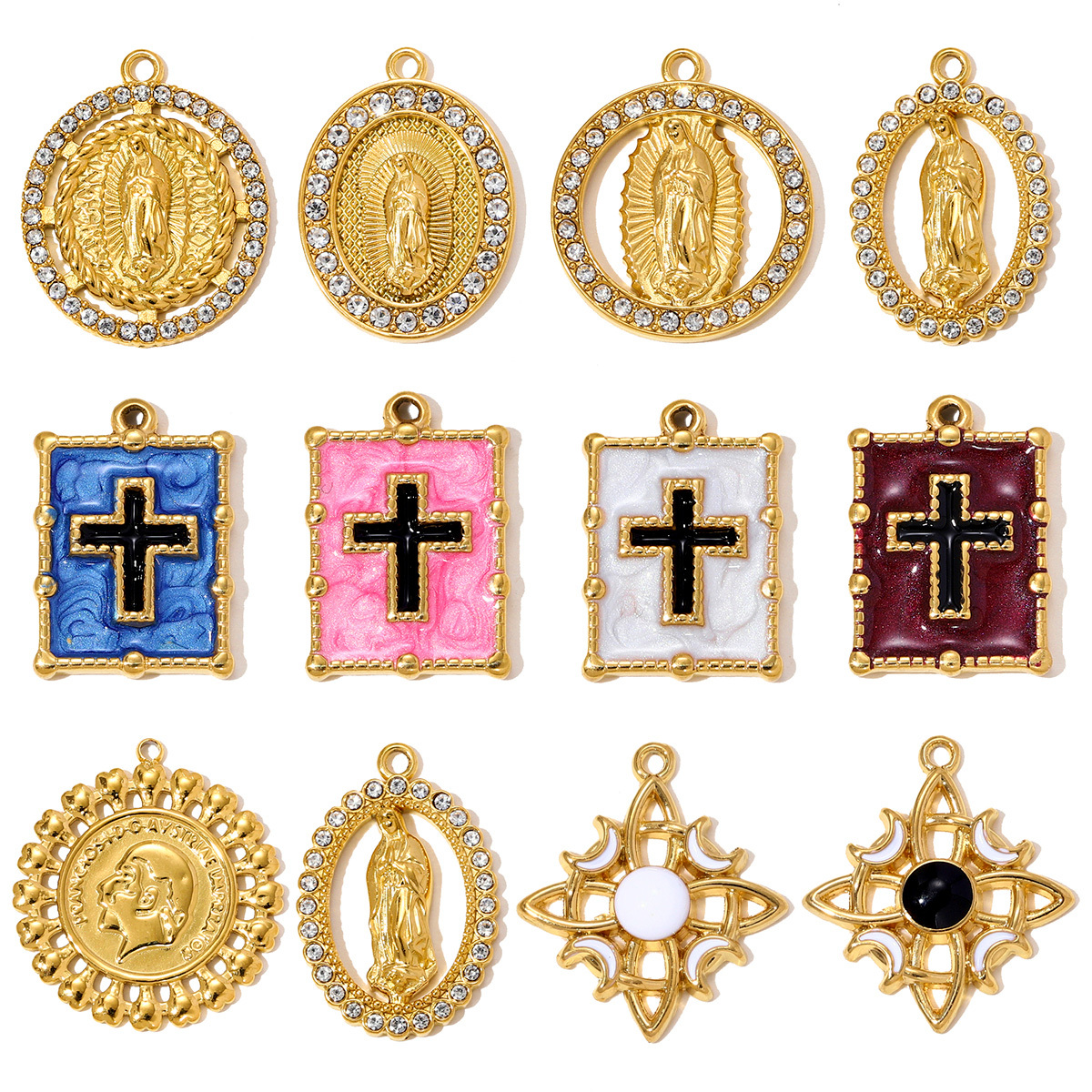 6pcs/pack Stainless Steel Enamel Cross Square Necklace Pendant Holy Mother Goddess DIY Charm Women Coin Star Jewelry Wholesale