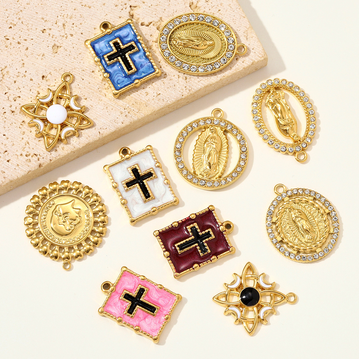 6pcs/pack Stainless Steel Enamel Cross Square Necklace Pendant Holy Mother Goddess DIY Charm Women Coin Star Jewelry Wholesale