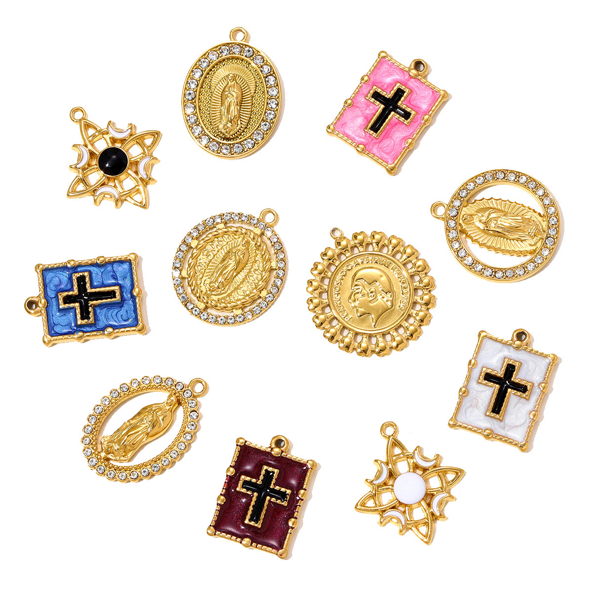 6pcs/pack Stainless Steel Enamel Cross Square Necklace Pendant Holy Mother Goddess DIY Charm Women Coin Star Jewelry Wholesale