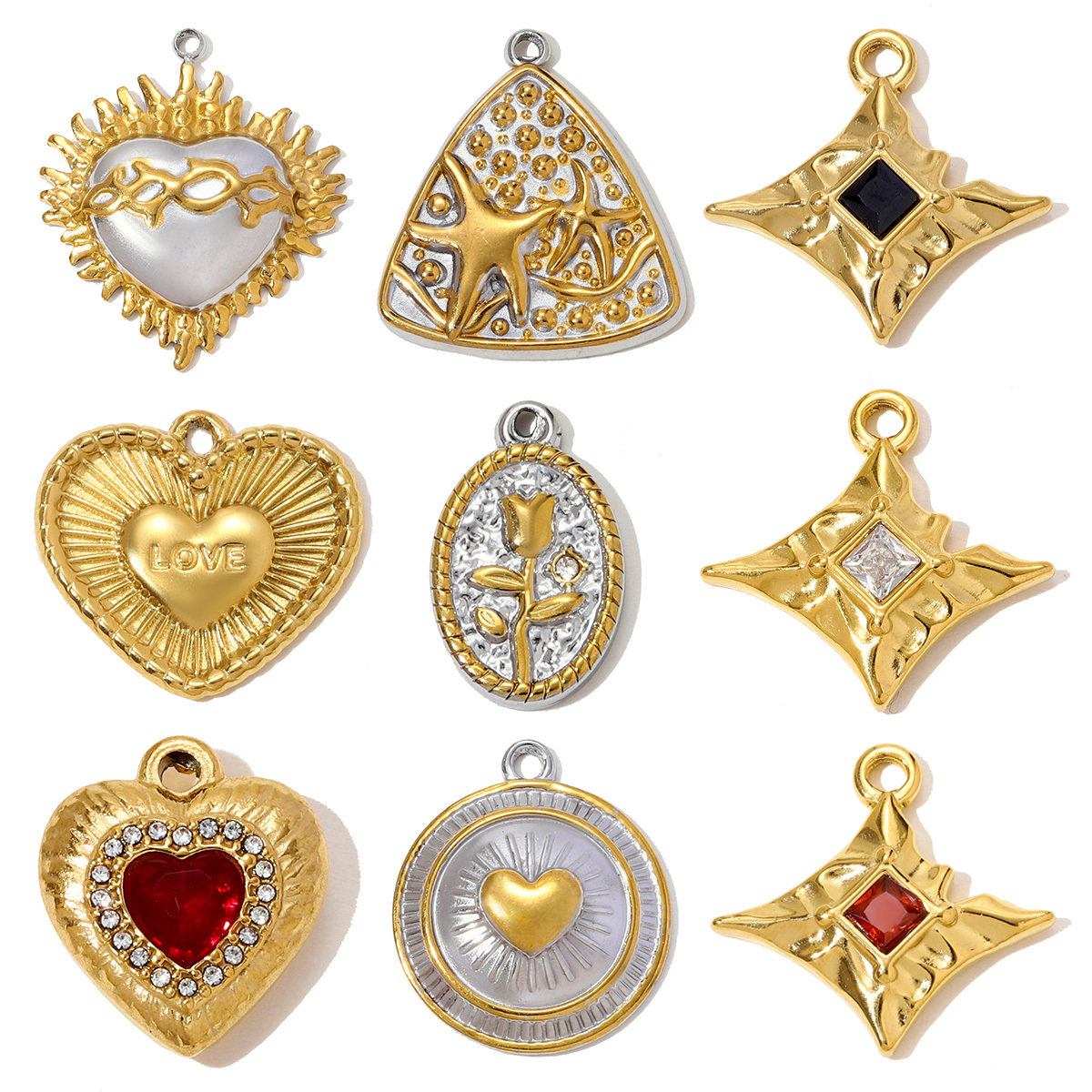 6pcs/pack Stainless Steel Zircon Star Love Heart Necklace Pendant Starfish Rose DIY Bracelets Charm Women Round Jewelry Wholesale