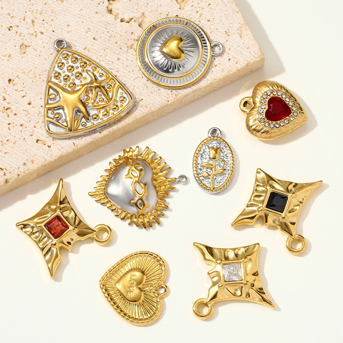 6pcs/pack Stainless Steel Zircon Star Love Heart Necklace Pendant Starfish Rose DIY Bracelets Charm Women Round Jewelry Wholesale