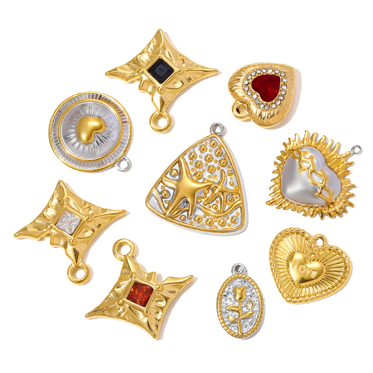 6pcs/pack Stainless Steel Zircon Star Love Heart Necklace Pendant Starfish Rose DIY Bracelets Charm Women Round Jewelry Wholesale