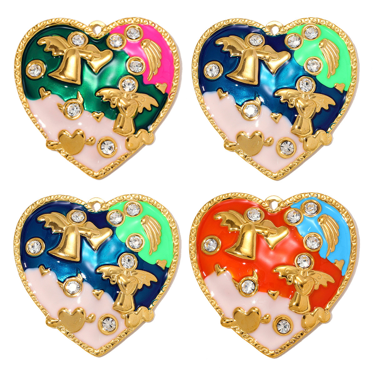 6pcs/pack French Retro Stainless Steel Enamel Big Heart Necklace Pendant Rhinestone Angel DIY Earring Charm Women Love Jewelry Wholesale