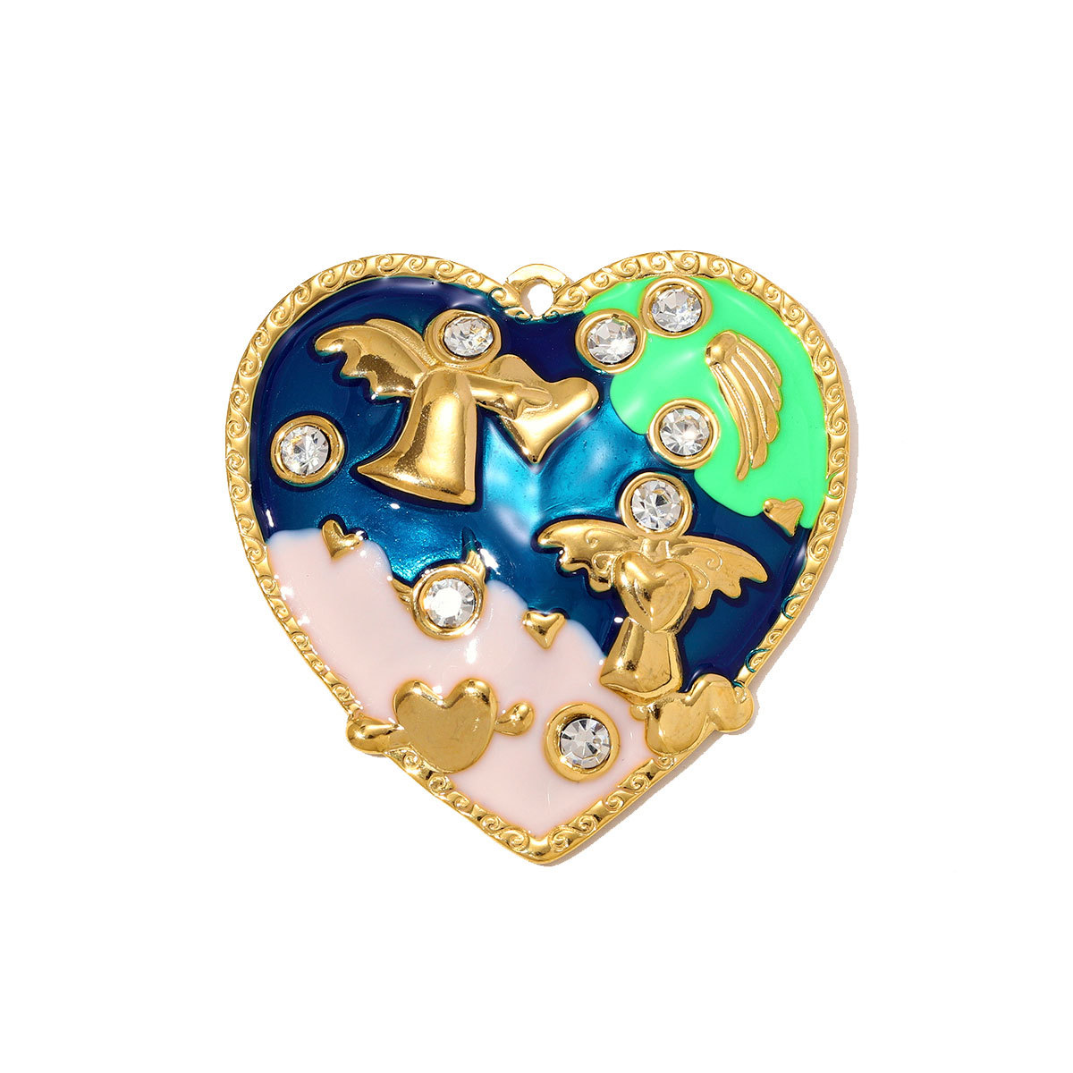 6pcs/pack French Retro Stainless Steel Enamel Big Heart Necklace Pendant Rhinestone Angel DIY Earring Charm Women Love Jewelry Wholesale