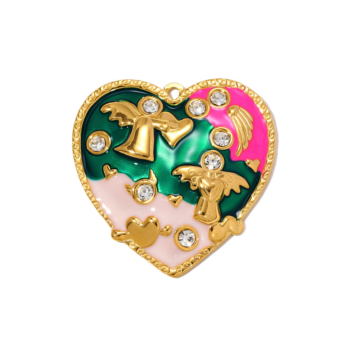 6pcs/pack French Retro Stainless Steel Enamel Big Heart Necklace Pendant Rhinestone Angel DIY Earring Charm Women Love Jewelry Wholesale