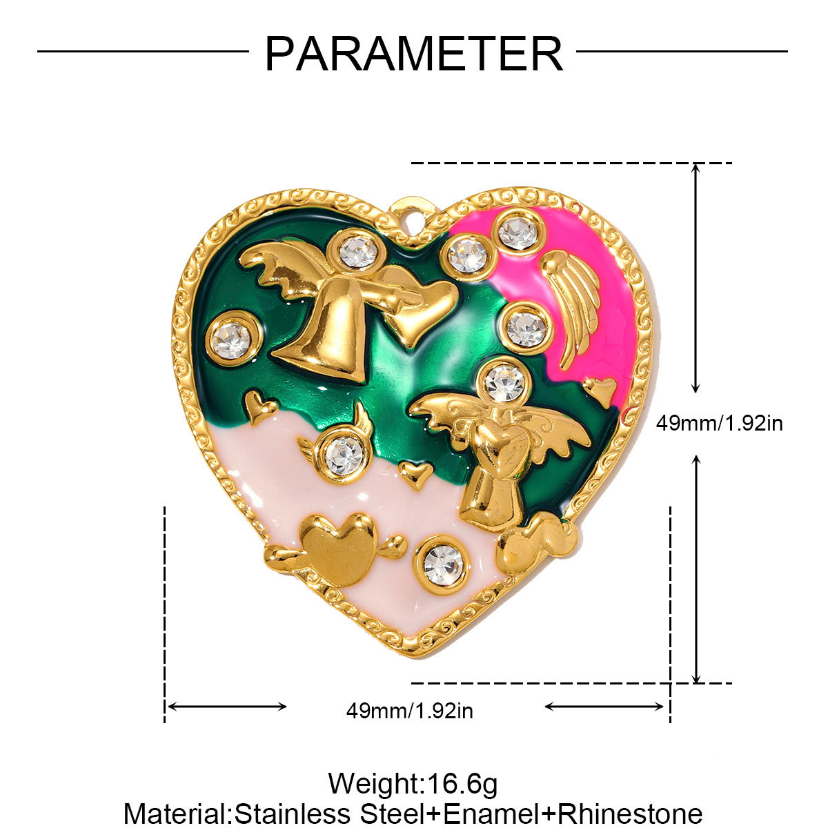 6pcs/pack French Retro Stainless Steel Enamel Big Heart Necklace Pendant Rhinestone Angel DIY Earring Charm Women Love Jewelry Wholesale