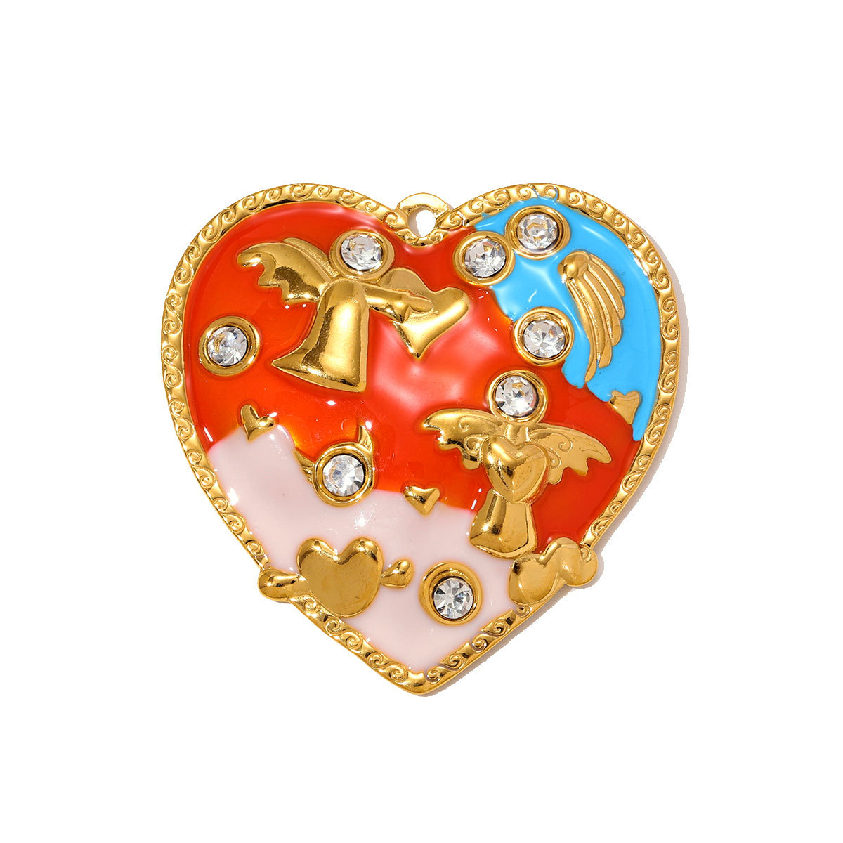 6pcs/pack French Retro Stainless Steel Enamel Big Heart Necklace Pendant Rhinestone Angel DIY Earring Charm Women Love Jewelry Wholesale