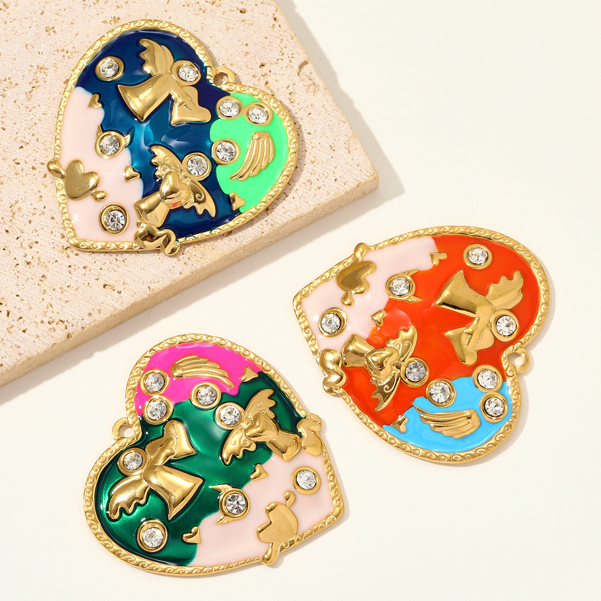 6pcs/pack French Retro Stainless Steel Enamel Big Heart Necklace Pendant Rhinestone Angel DIY Earring Charm Women Love Jewelry Wholesale