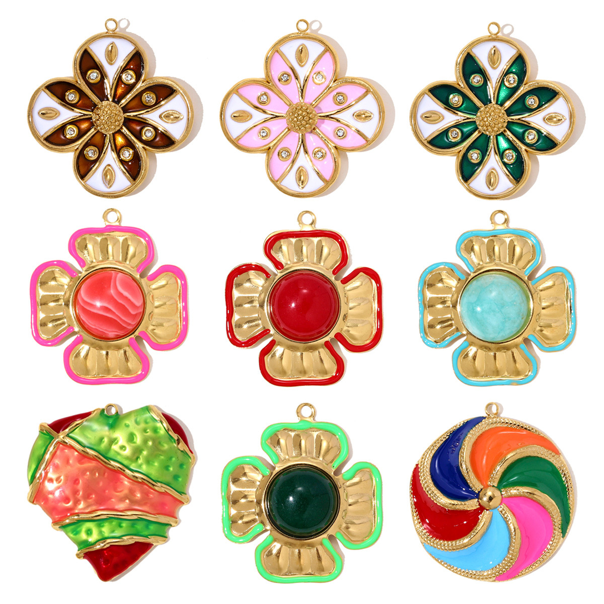 6pcs/pack Stainless Steel Rhinestone Clover Flower Necklace Pendant Enamel Kite Candy DIY Earring Charm Women Heart Jewelry Wholesale