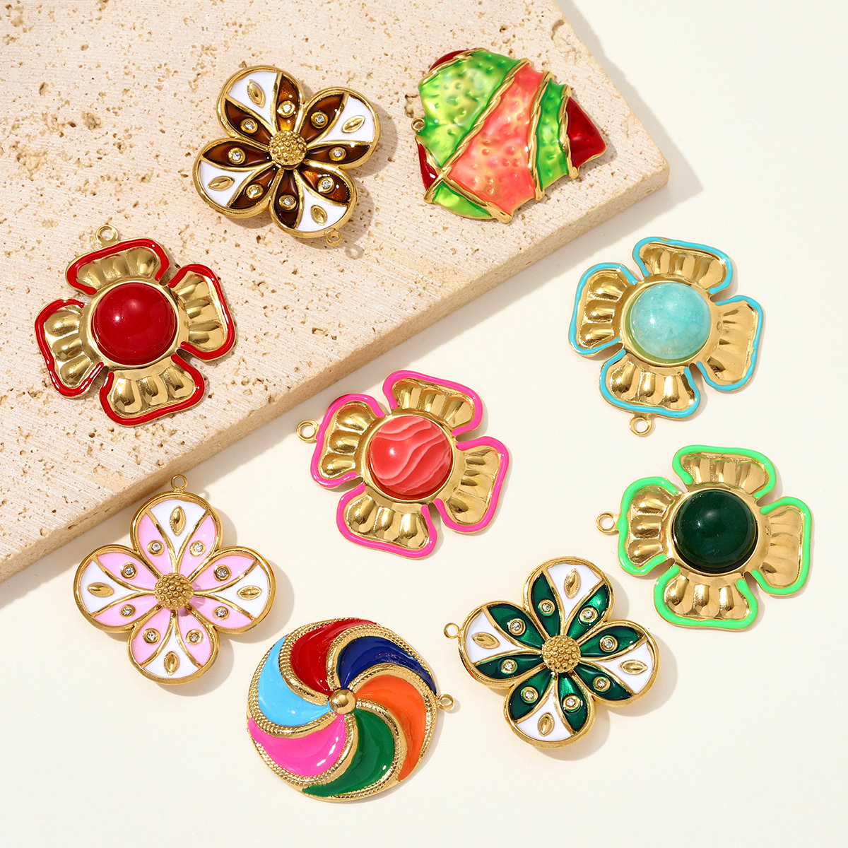 6pcs/pack Stainless Steel Rhinestone Clover Flower Necklace Pendant Enamel Kite Candy DIY Earring Charm Women Heart Jewelry Wholesale