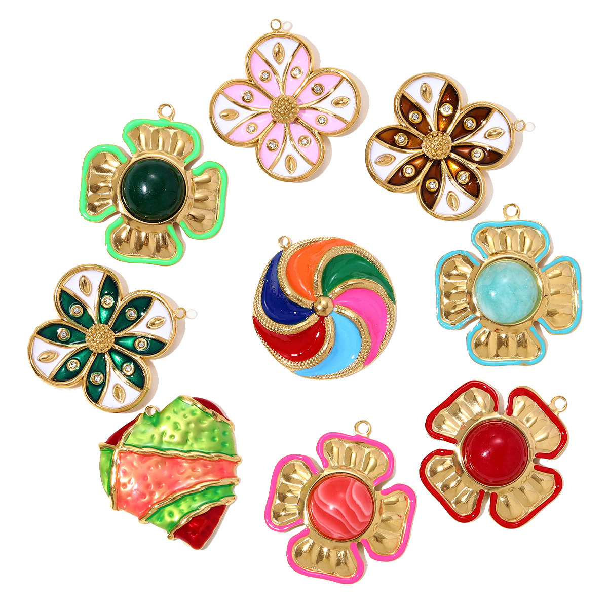 6pcs/pack Stainless Steel Rhinestone Clover Flower Necklace Pendant Enamel Kite Candy DIY Earring Charm Women Heart Jewelry Wholesale