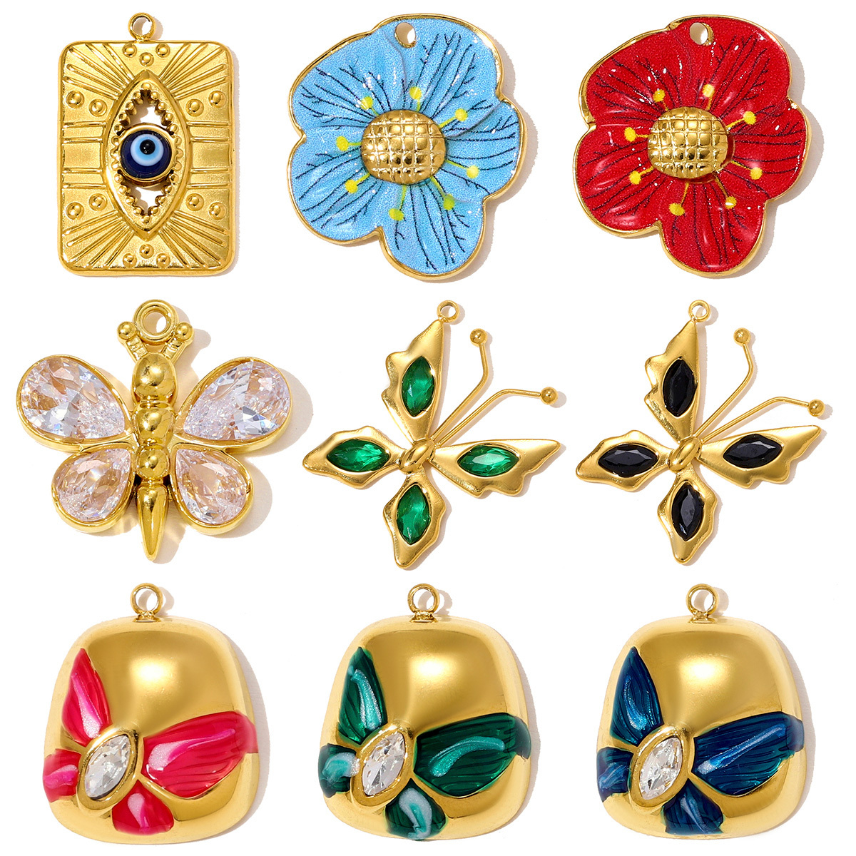 6pcs/pack Stainless Steel Hollow Evil Eye Necklace Pendants Crystal Butterfly DIY Earring Charms Women Enamel Flower Jewelry Wholesale