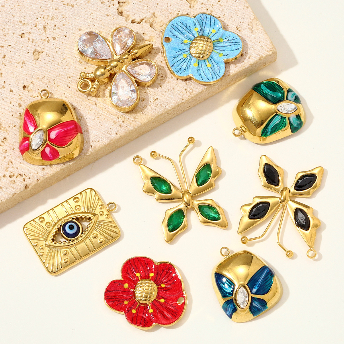 6pcs/pack Stainless Steel Hollow Evil Eye Necklace Pendants Crystal Butterfly DIY Earring Charms Women Enamel Flower Jewelry Wholesale