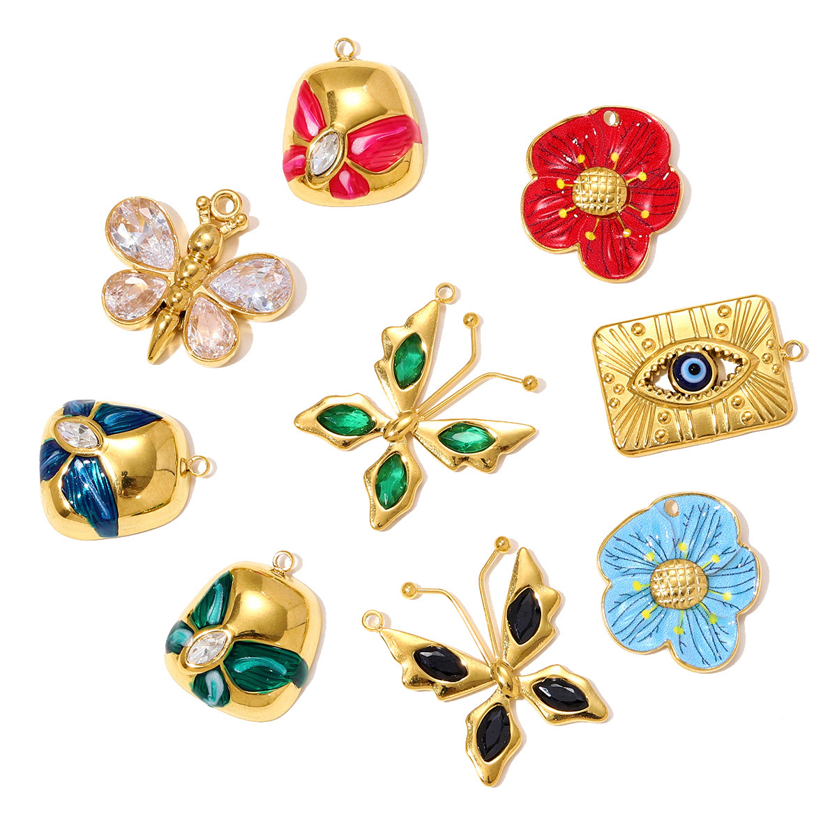 6pcs/pack Stainless Steel Hollow Evil Eye Necklace Pendants Crystal Butterfly DIY Earring Charms Women Enamel Flower Jewelry Wholesale