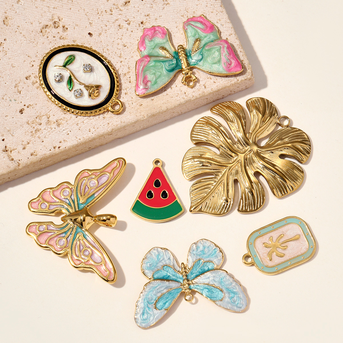 6pcs/pack Enamel Butterfly Stainless Steel DIY Earring Charm Wholesale CactuLeaf Watermelon Necklace Pendant Woman Flower Jewelry