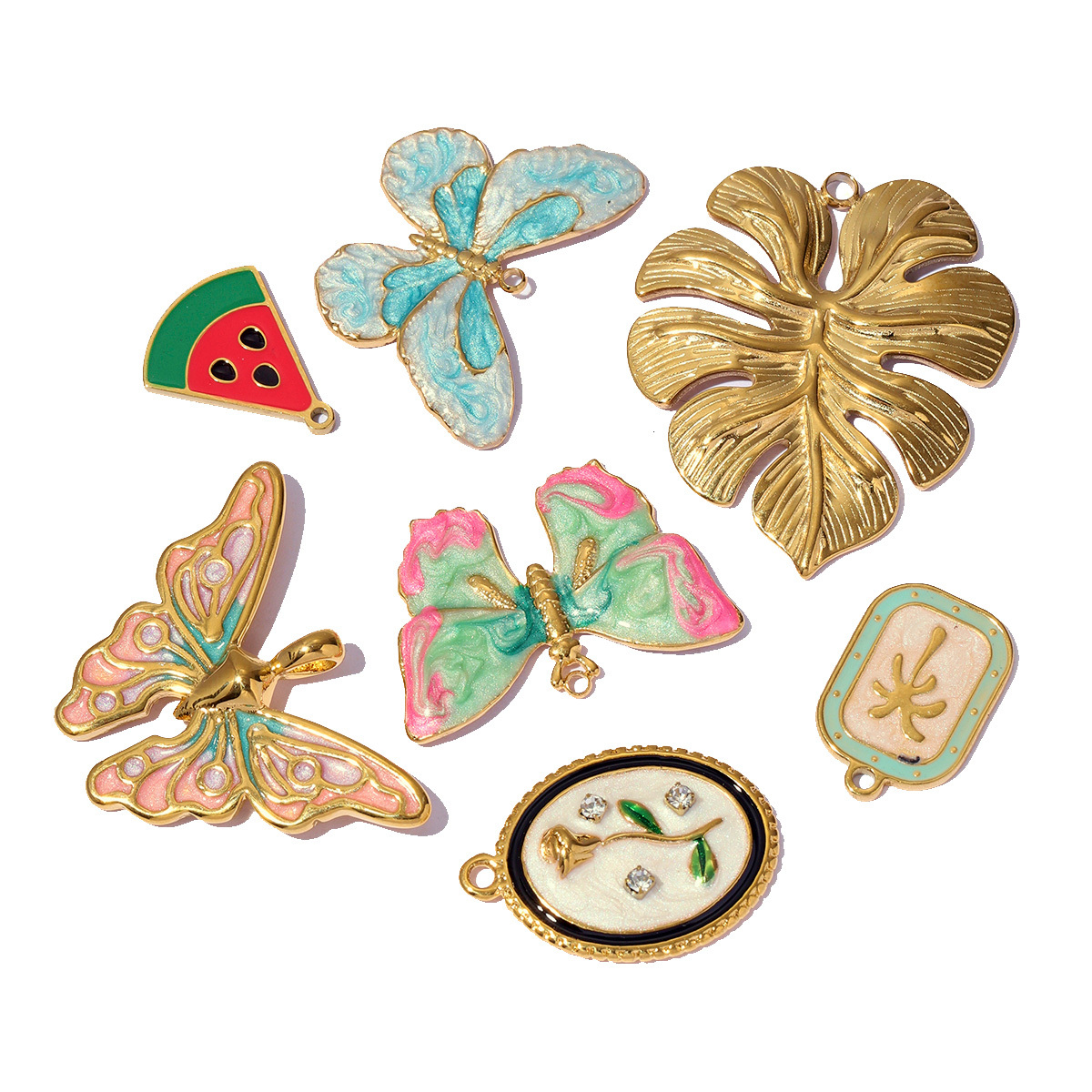 6pcs/pack Enamel Butterfly Stainless Steel DIY Earring Charm Wholesale CactuLeaf Watermelon Necklace Pendant Woman Flower Jewelry