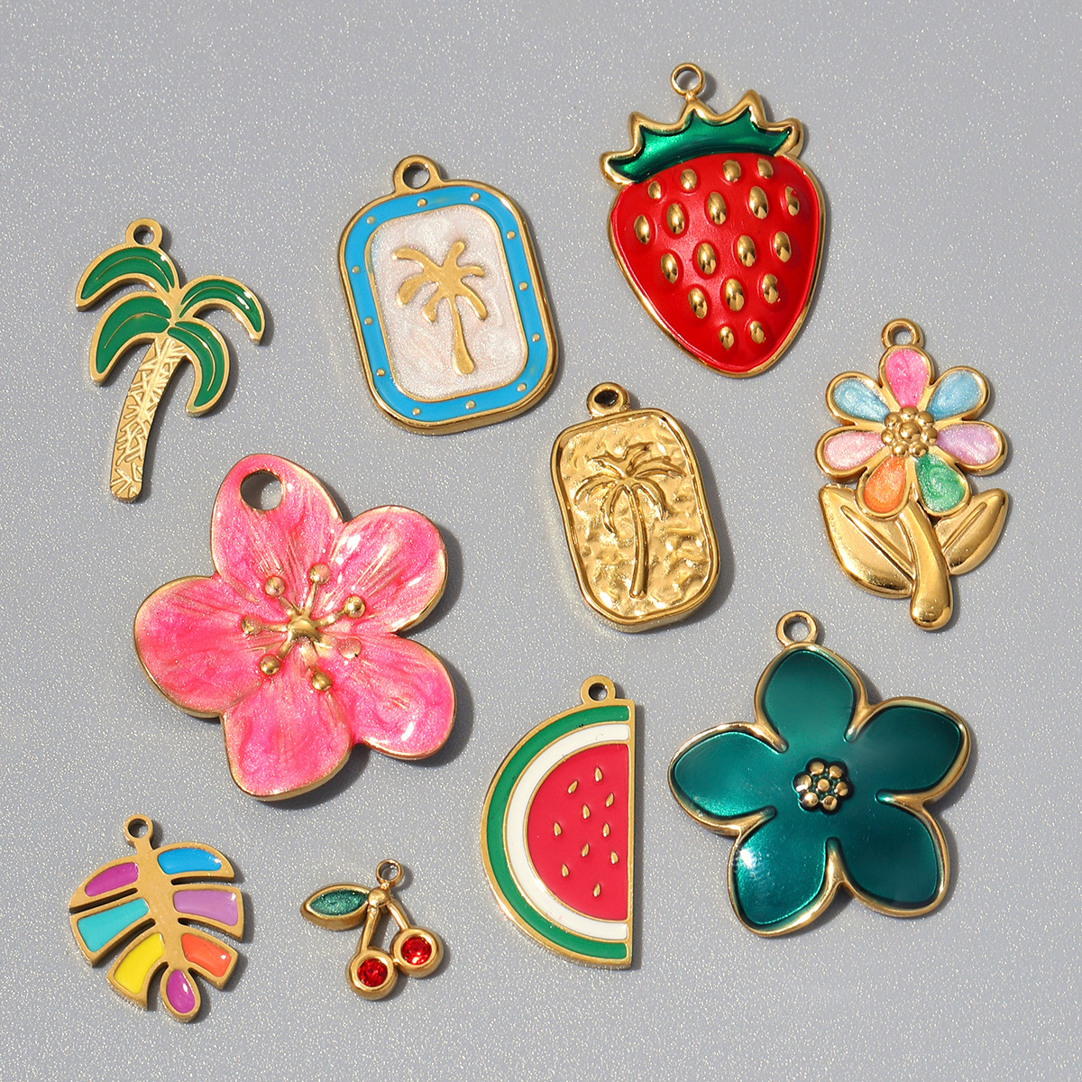 6pcs/pack Stainless Steel Plum Blossom Cherry DIY Charms Watermelon Palm Tree Cactus Tulip Necklace Pendants Woman Flower Jewelry