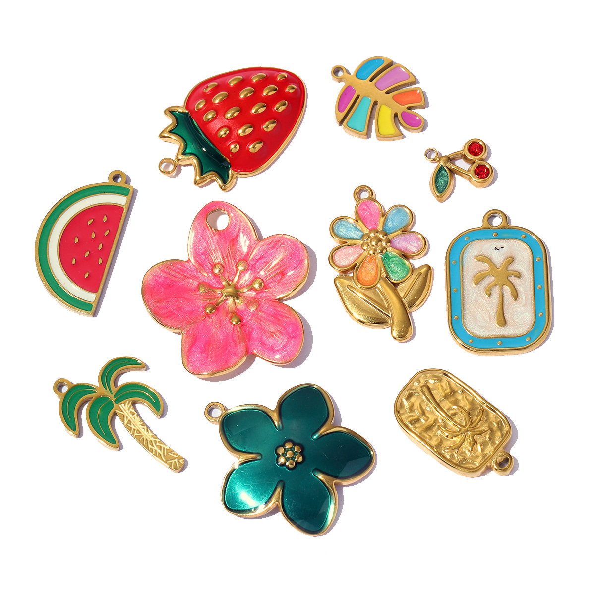 6pcs/pack Enamel Butterfly Stainless Steel DIY Earring Charm Wholesale CactuLeaf Watermelon Necklace Pendant Woman Flower Jewelry