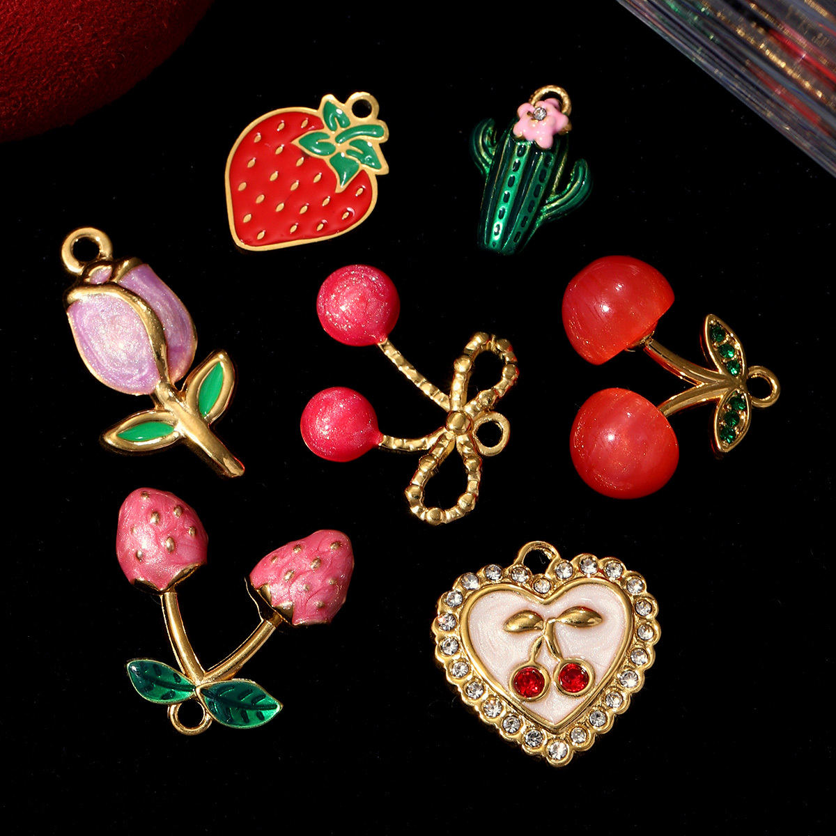 6pcs/pack  Stainless Steel Strawberry Cherry Watermelon DIY Charms Butterfly Cactus Tulip Necklace Pendants Woman Leaf Jewelry