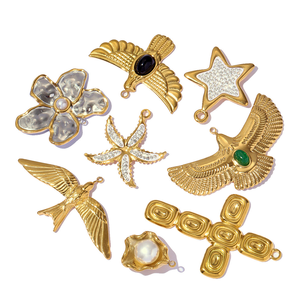 6pcs/pack Stainless Steel Rhinestone Star Clover Eagle DIY Charms Heart Moon Cross Necklace Pendants Woman Wolf Tooth Jewelry