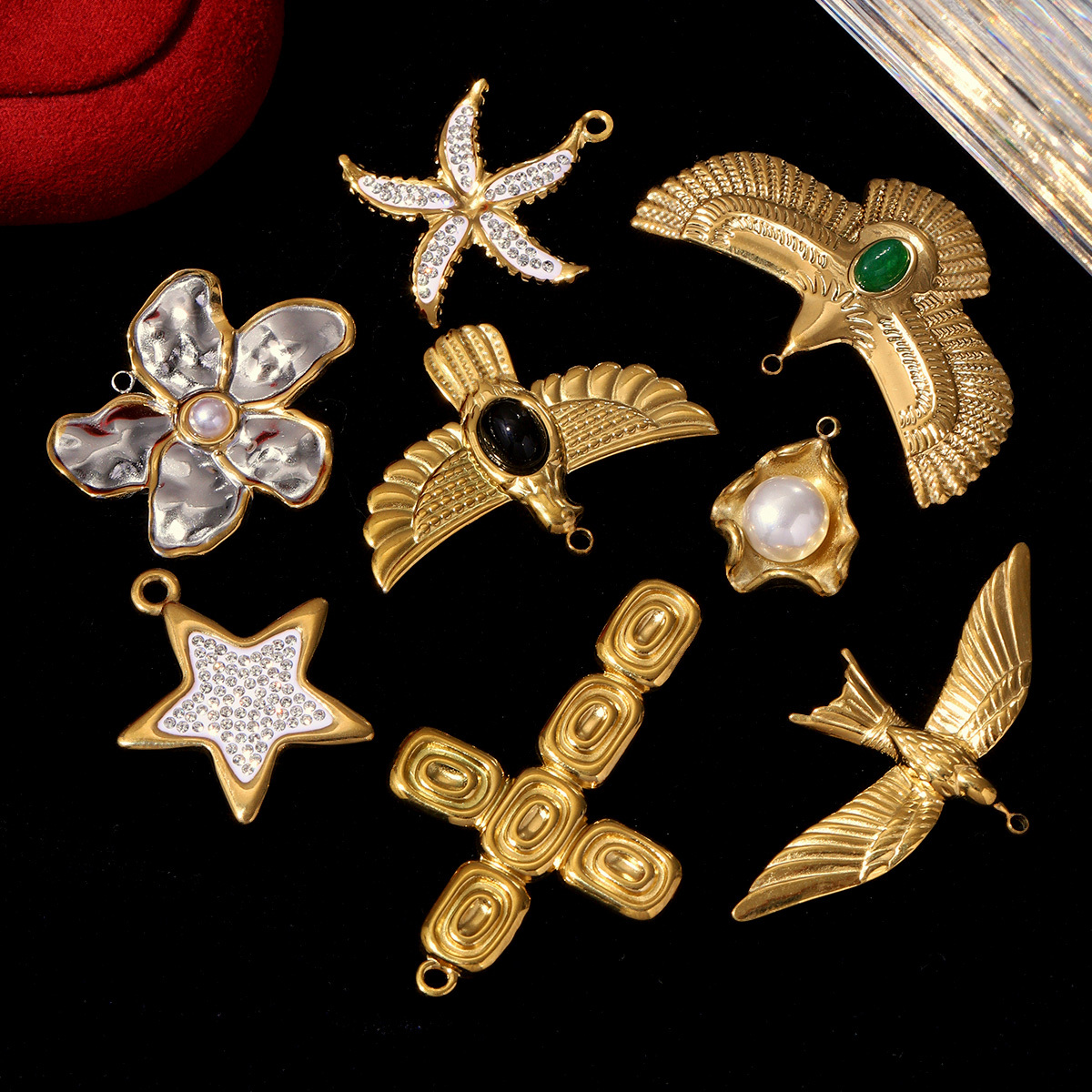 6pcs/pack 18k Gold Plated Eagle Clover Star Stainless Steel DIY Charms Wolf Tooth Pendants Woman Jewelry Earring Necklace Making