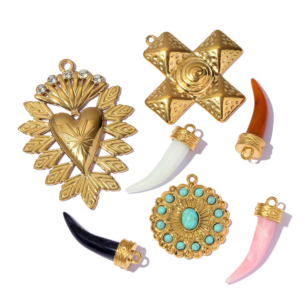6pcs/pack Stainless Steel Rhinestone Star Clover Eagle DIY Charms Heart Moon Cross Necklace Pendants Woman Wolf Tooth Jewelry