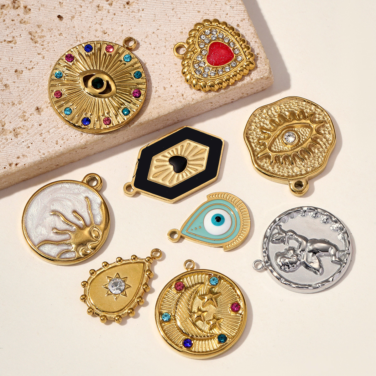 6pcs/pack Stainless Steel Waterdrop Evil Eye Angel DIY Charms Round Shell Sun Butterfly Necklace Pendants Woman Jewelry Wholesale